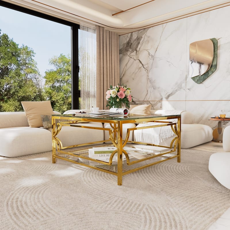 Square Glass Coffee Table in 33.5",Luxurious Geometric Metal Frame,Gold Finish & Lower Shelf