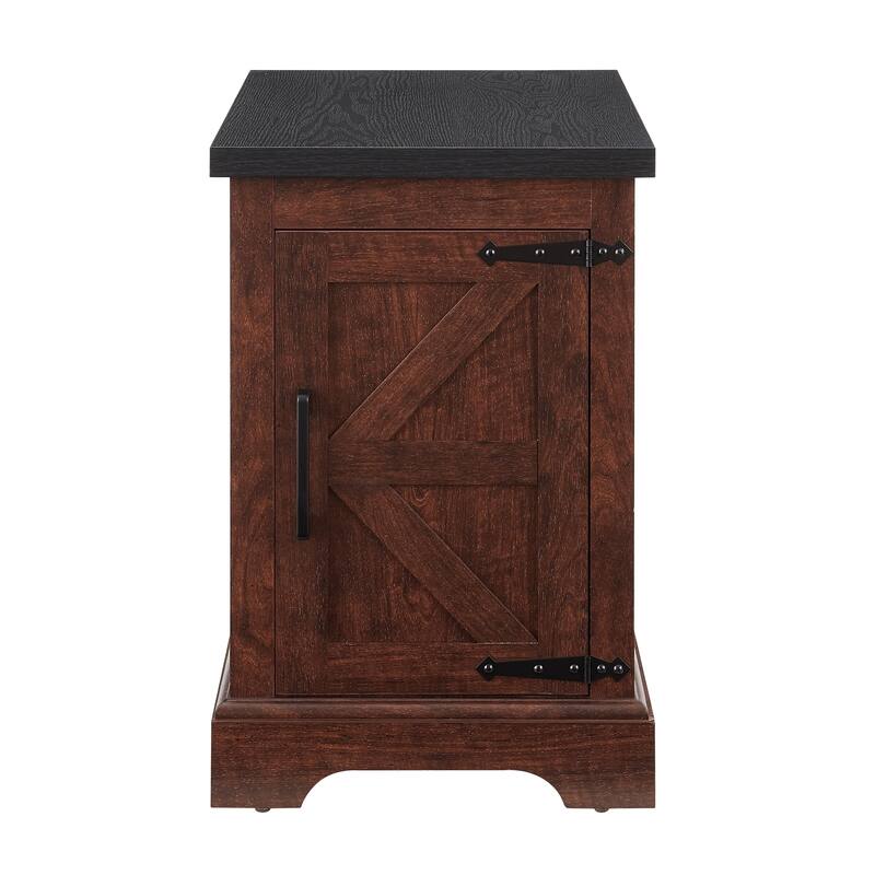 Farmhouse Side Table Narrow Nightstand with Barn Door and Hidden Cabinet for Bedroom Living Room