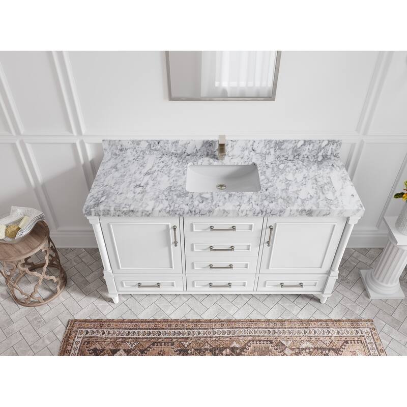Willow Collections 60 in. W x 22 in. D Aberdeen Single Bowl Sink Bathroom Vanity with Countertop - 2" Carrara Marble - White