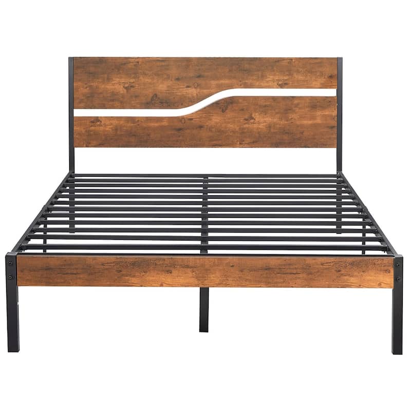 VECELO Beds Industrial Platform Bed Frame with Wood Headboard,Easy Set up
