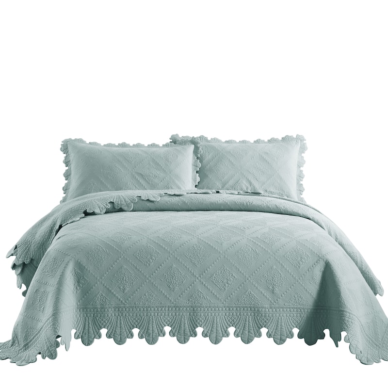 MarCielo 3Pcs 100% Cotton Oversized Quilt Bedspread Coverlet Set TK - Aqua Green - King