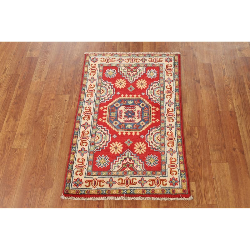 Hand Knotted Oriental 100% Wool Carpet Traditional Geometric Red Kazak Area Rug - 3' 0'' X 2' 0''