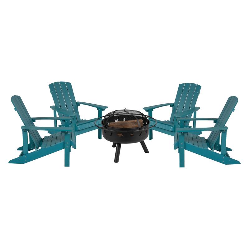 Star and Moon Fire Pit with Mesh Cover & 4 Poly Resin Adirondack Chairs