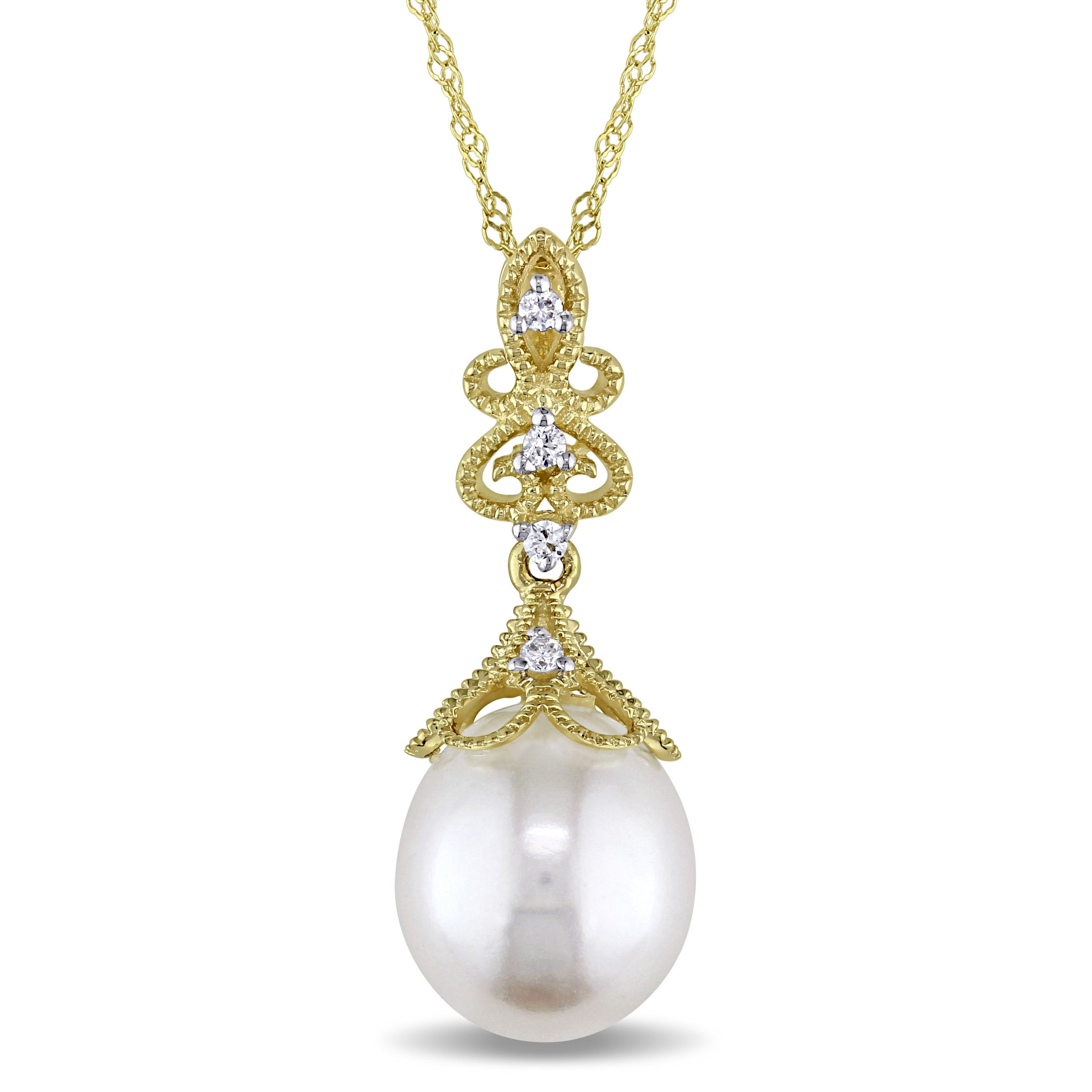 Miadora 9-9.5mm Cultured Freshwater Pearl and Diamond Vintage Drop 14k Yellow Gold