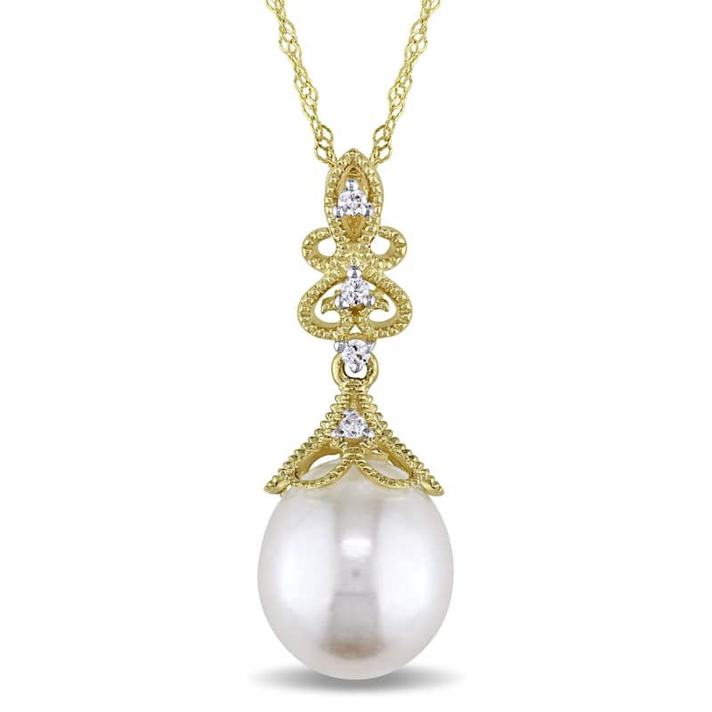 Miadora 9-9.5mm Cultured Freshwater Pearl and Diamond Vintage Drop 14k Yellow Gold