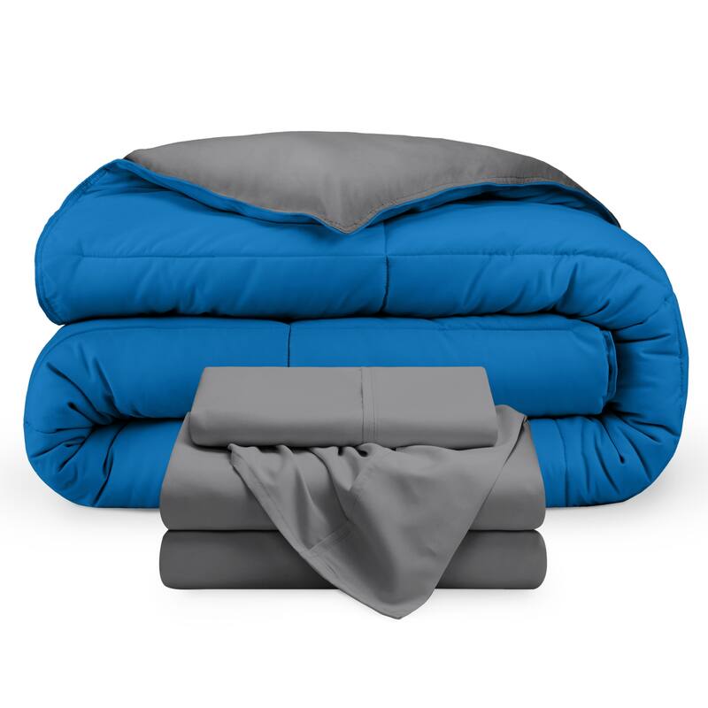 Bare Home Down Alternative Reversible Bed-in-a-Bag - Medium Blue/Grey, Sheets: Grey - Twin