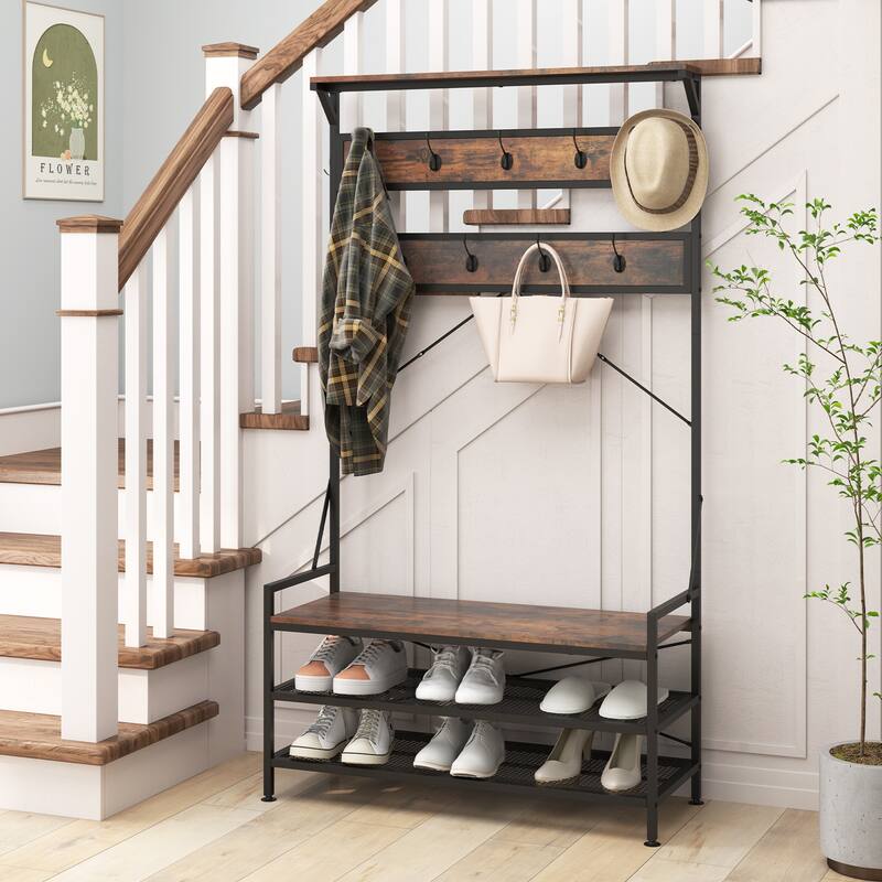 Costway Coat Rack 4-In-1 Hall Tree with 11 Hanging Hooks, Shoe Bench, - See Details