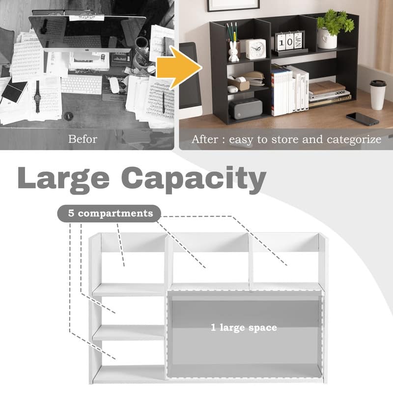 6 Compartment Wood Plastic Composite Office Desk Organizer Book Storage White