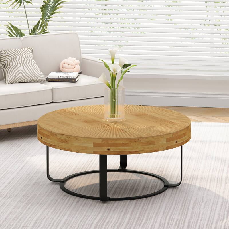 Modern Round Coffee Table Wooden Carving Pattern Coffee Table with Metal Legs - Natural+Black