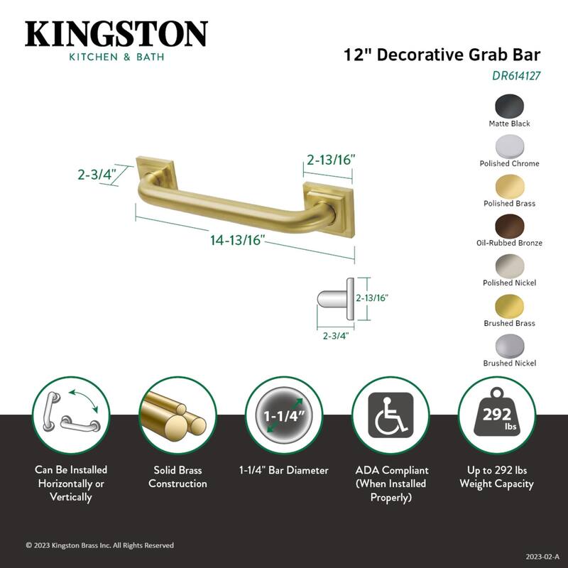Kingston Brass Claremont 12-Inch x 1-1/4-Inch O.D Grab Bar