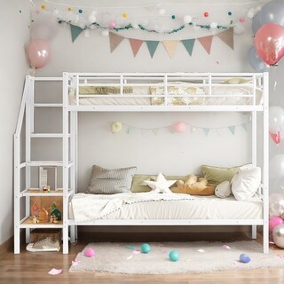 Twin Over Twin Metal Bunk Bed with Lateral Storage Ladder and Wardrobe,Space Saving Bunk Beds With Stairs,White