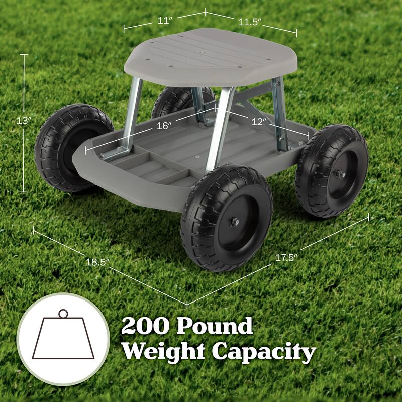 Gardening Stool - Rolling Garden Seat with Wheels and Storage Tool Tray by Pure Garden