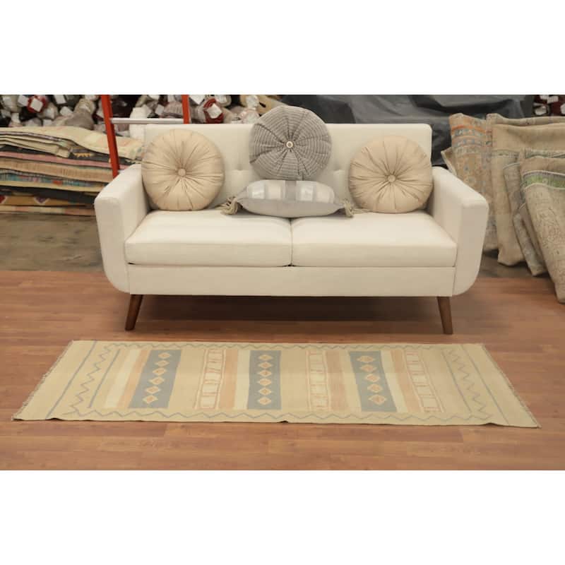 Hand Woven Oriental 100% Wool Carpet Southwestern Tribal Beige & Ivories Kilim Runner Rug - 5' 9'' X 2' 0''