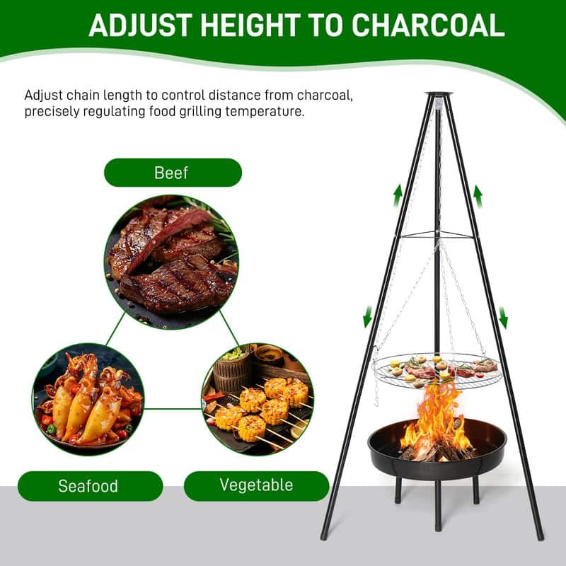 Campfire Tripod Grill Adjustable Height BBQ Grill Grate With Fire Bowl