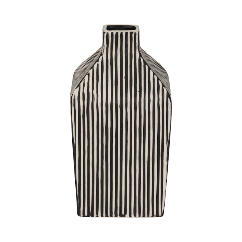 Sagebrook Home Lines Square Stoneware Vase in Black and White Finish, Unique Design