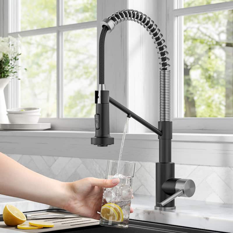 Kraus Bolden 2-Function 1-Handle Commercial Pulldown Kitchen Faucet - KFF-1610 - 19 1/4" Height (Filter Faucet) - SFSMB - Spot Free Stainless Steel/ Matte Black