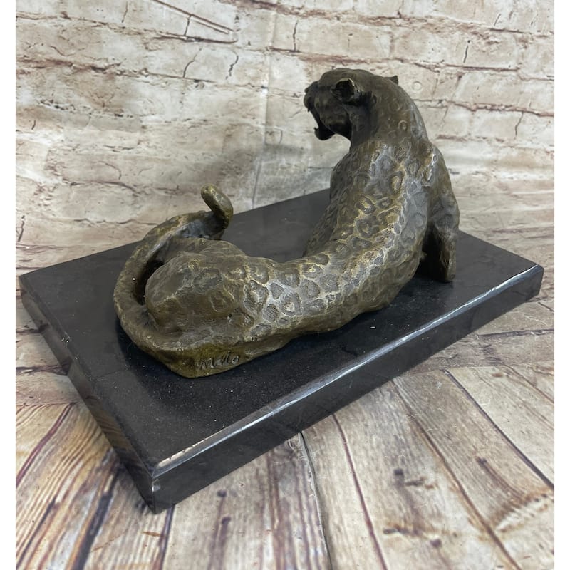Signed Original Large Leopard Jaguar Bronze Sculpture Marble Figurine Statue Art