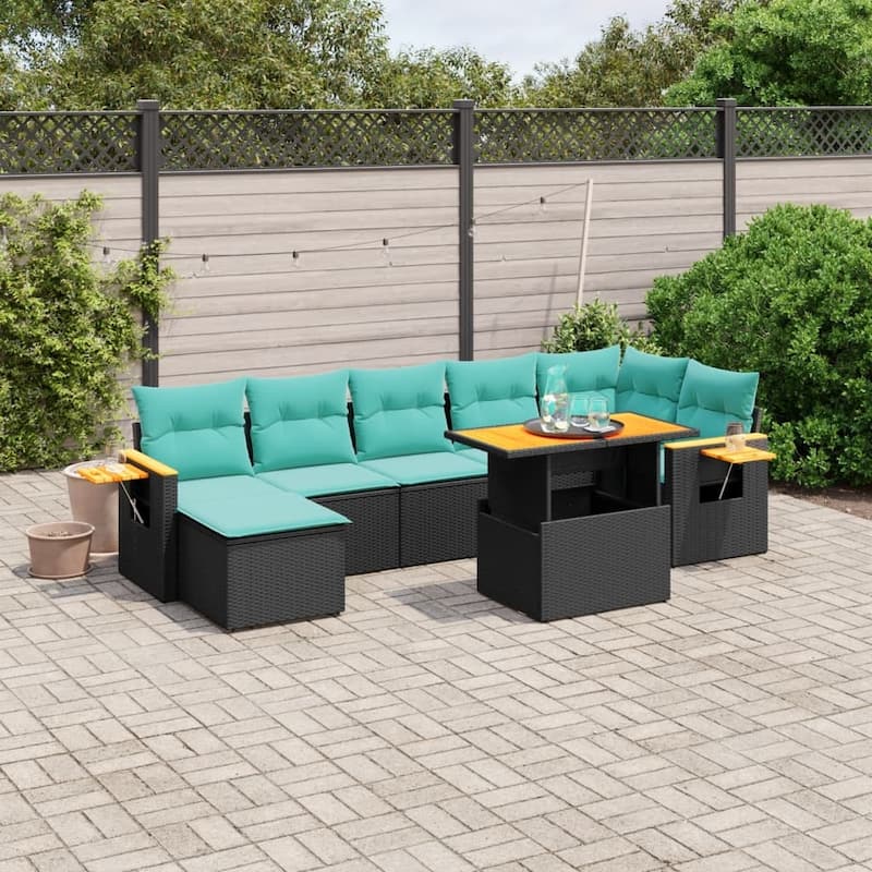 vidaXL Patio Sofa Set with Cushions Outdoor Furniture 8 Piece Poly Rattan - Black - 21.7 x 24.4 x 27.2