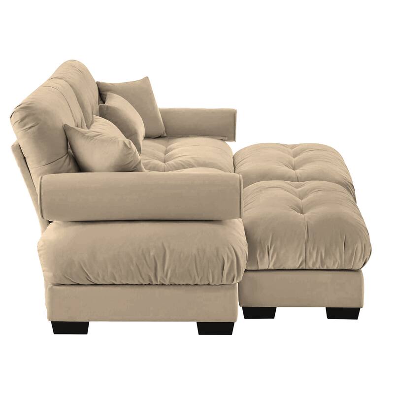 93.7" Oversized Velvet 2-Seater Sofa with Ottoman, Round Bolster Armrests, and Included Pillows
