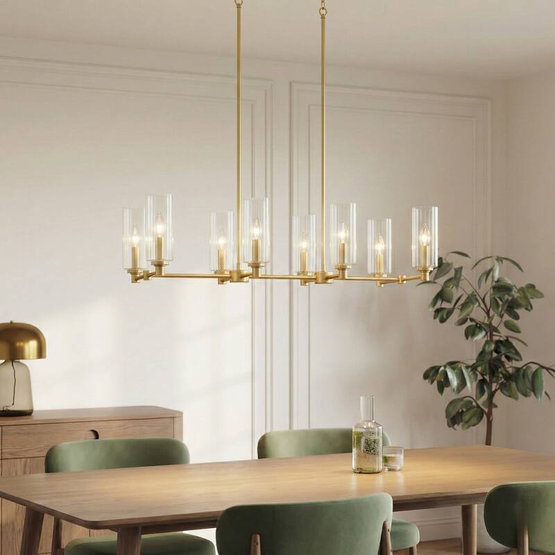 Asert Sophisticated 8-Light Satin Brass Pendant with Ribbed Glass Shades - Clear Ribbed Glass