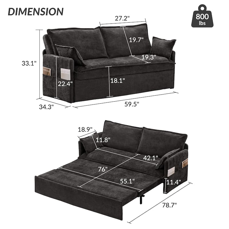 2-in-1 Pull-Out Sofa Bed, Couch Loveseat with Side Storage Pockets, Convertible Sleeper Sofa with USB Charging