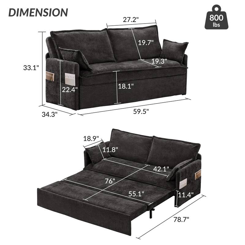 59.5" Ergonomic Sofa Bed with Storage & Charging - Supportive Chenille Convertible Sleeper, 800lb Capacity