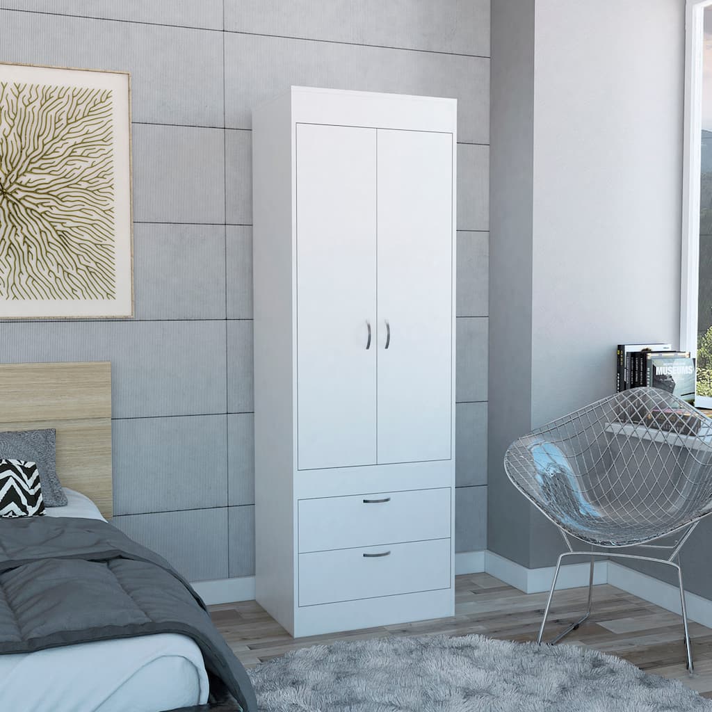 23.3" Modern Double-door Armoire with Hanging Rod and Two Drawer for Bedroom