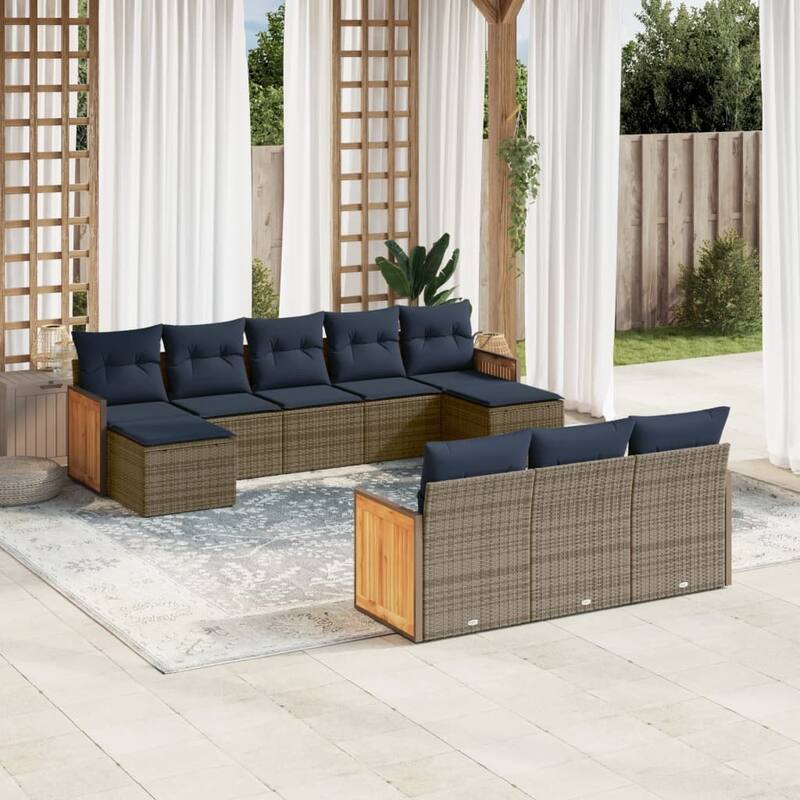 vidaXL 10/11 Piece Patio Sofa Set with Cushions Black/Gray Poly Rattan - 21.7 x 24.4 x 27.2 - Gray Without table