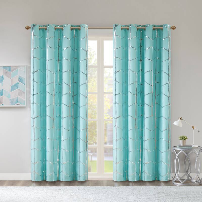 Intelligent Design Khloe Total Blackout Metallic Print Grommet Top Curtain Panel - 50x84" - Aqua/Silver