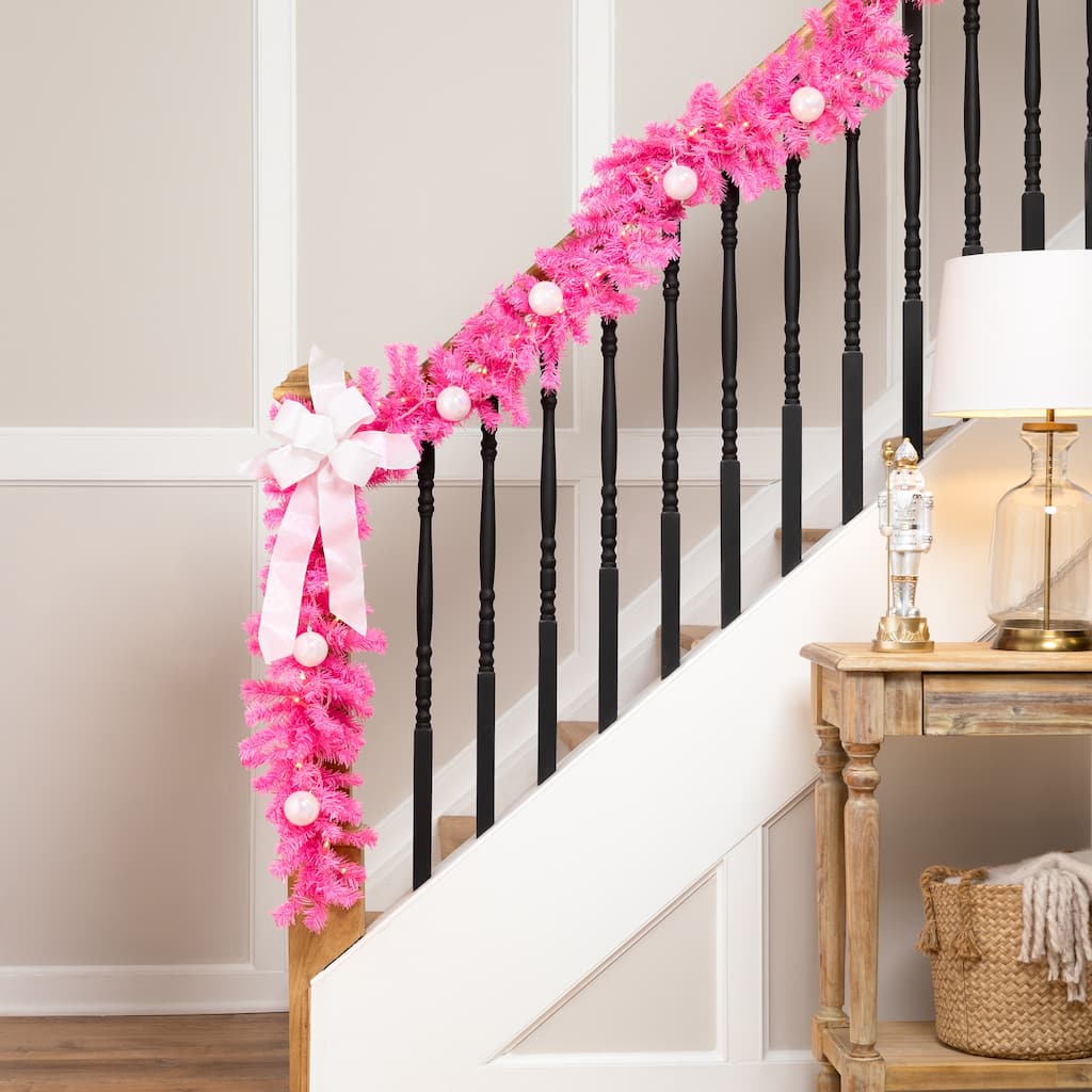 Pre-Lit Artificial Pine Christmas Garland - 9' - Pink - Clear Lights