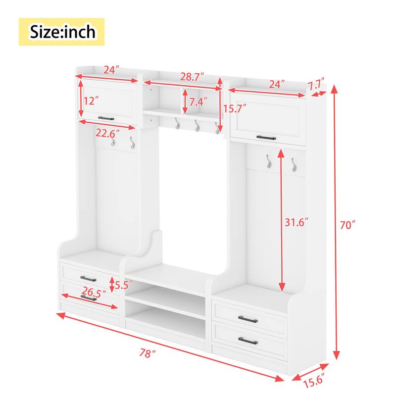Roomfitters 4-in-1 Detachable Hall Tree with Hooks and Drawers, Entryway Coat Rack with Shoe Bench and Storage Cabinet