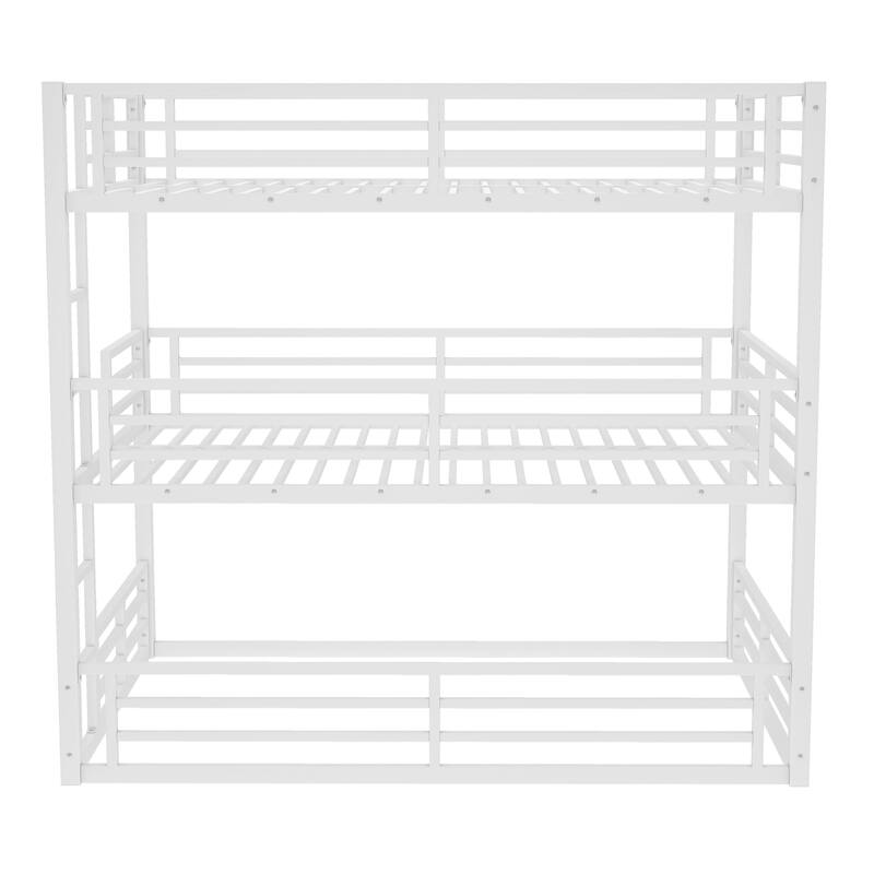 Roomfitters Twin/Full/Queen Metal Triple Bunk Bed with Safety Guardrails, Heavy-Duty Noise-Reduced Frame, White