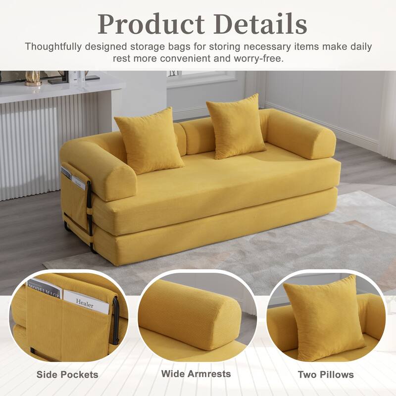 Foldable Modular Couch Sleeper Loveseat Sofa Bed with Storage Side Pocket, Detachable Metal Frame and Corduroy Fabric Cover