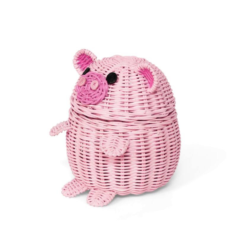 Pig Rattan Storage Basket with Lid Decorative Home Decor Hand Woven Shelf Organizer Cute Handmade Handcrafted Gift Decoration