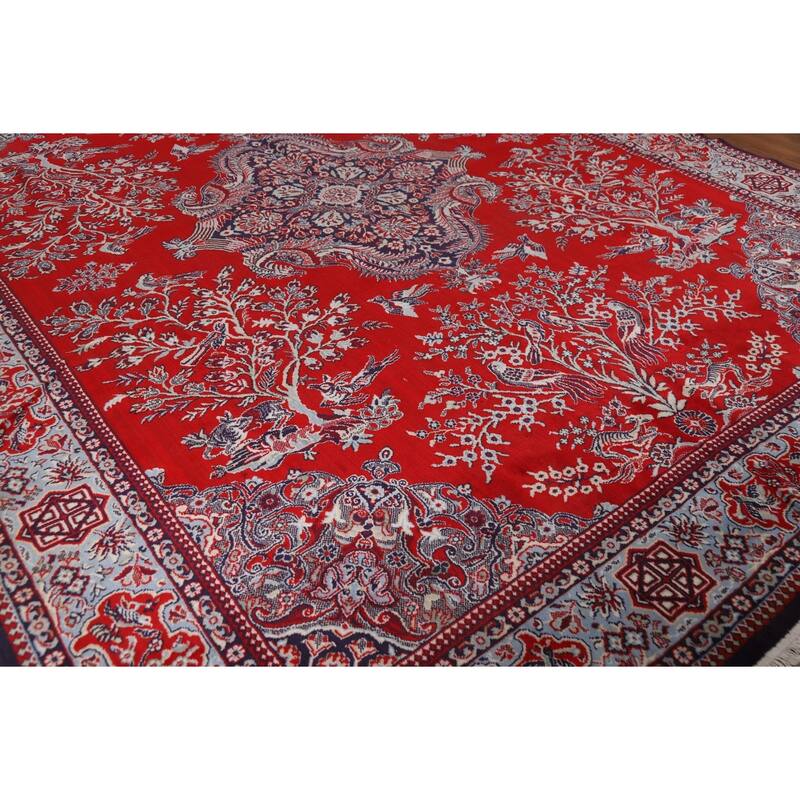 Machine Made Oriental Polyester Carpet Traditional Floral Red Kashan Area Rug - 12' 7'' X 9' 8''