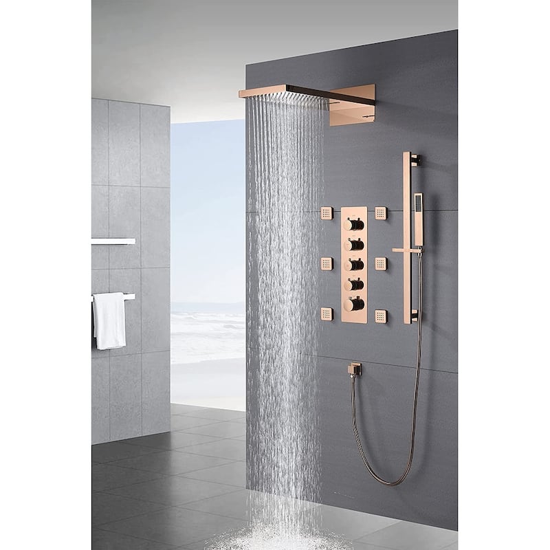 Rose Gold 22" Rainfall Waterfall Thermostatic Shower Faucet System w/ Jets, Sprayer, Slide Bar - Rose Gold