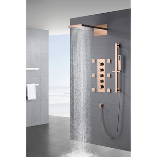 Rose Gold 22" Rainfall Waterfall Thermostatic Shower Faucet System w/ Jets, Sprayer, Slide Bar - Rose Gold