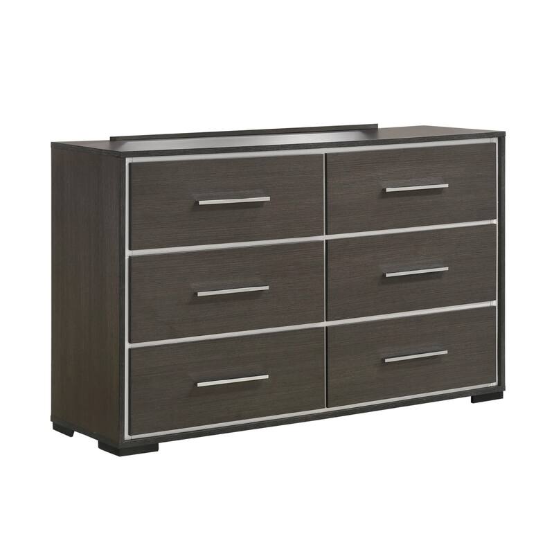 Hez 2pc Dresser and Mirror Set, 6 Drawers, Silver Trim, Modern Dark Brown
