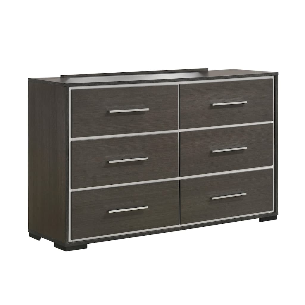 Hez 2pc Dresser and Mirror Set, 6 Drawers, Silver Trim, Modern Dark Brown