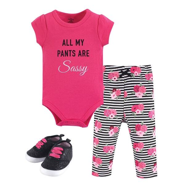 slide 1 of 1, Little Treasure Baby Girl Cotton Bodysuit, Pant and Shoe 3pc Set, Sassy Pants 0-3 Months - Sassy Pants