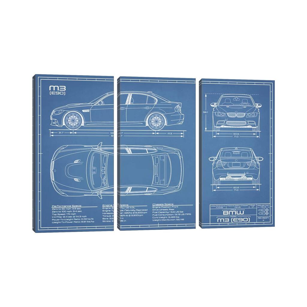 iCanvas "BMW M3 (E90) Blueprint" by Action Blueprints 3-Piece Canvas Wall Art Set