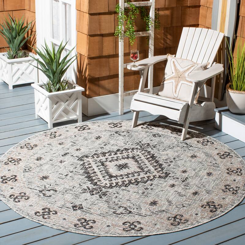 SAFAVIEH Courtyard Adrielle Outdoor Waterproof Patio Backyard Rug - 6'7" Round - Light Grey/Light Beige