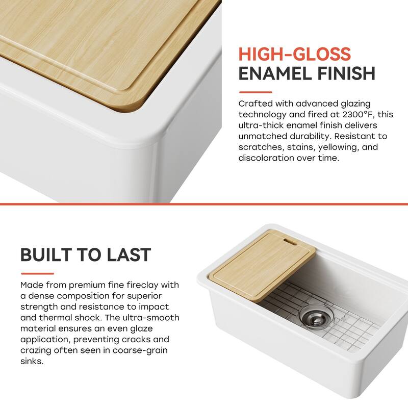 HOROW 30 in. Drop-In White Ceramic Kitchen Sink with Standard and Bottom Grid, Drain Assembly, Cutting Board