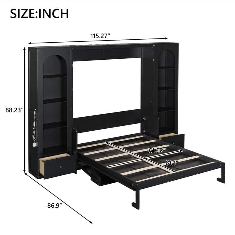 Queen Size Murphy Bed Wall Bed with LED Light, 2 Drawers and Side Cabinets, Foldable Murphy Cabinet Bed with Storage Shelves