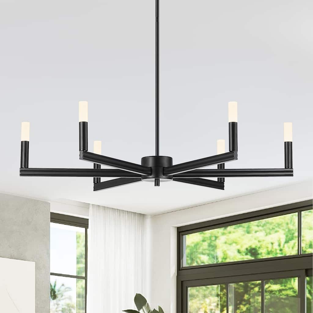 33.9" Mid-Century Modern Matte Black Metal 6-Light Chandelier Pendant for Dining Room, Living Room - 34"W x 34"D x 47"H