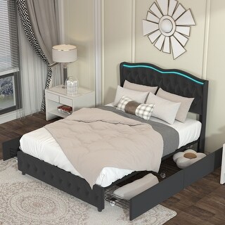 Black Velvet Platform Storage Bed Frame with 4 Pull-out Drawers - Full ...