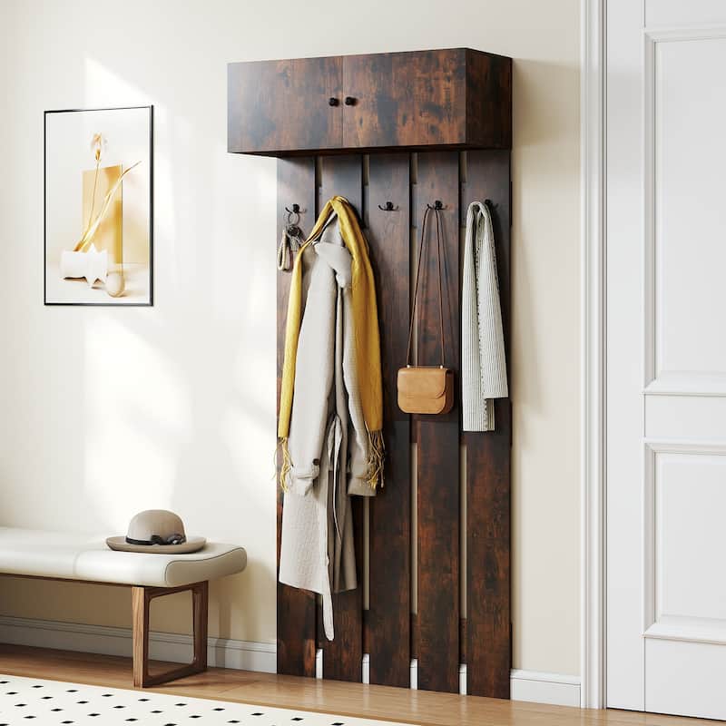 Engineered Wood Wall Coat Rack with Hooks and Cabinet - 35 x 13 x 82.6 in. - Rustic Brown