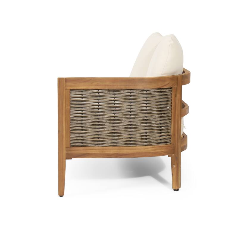 Burchett Outdoor Acacia Wood and Round Wicker 5 Seater Sectional Sofa Chat Set with Fire Pit by Christopher Knight Home