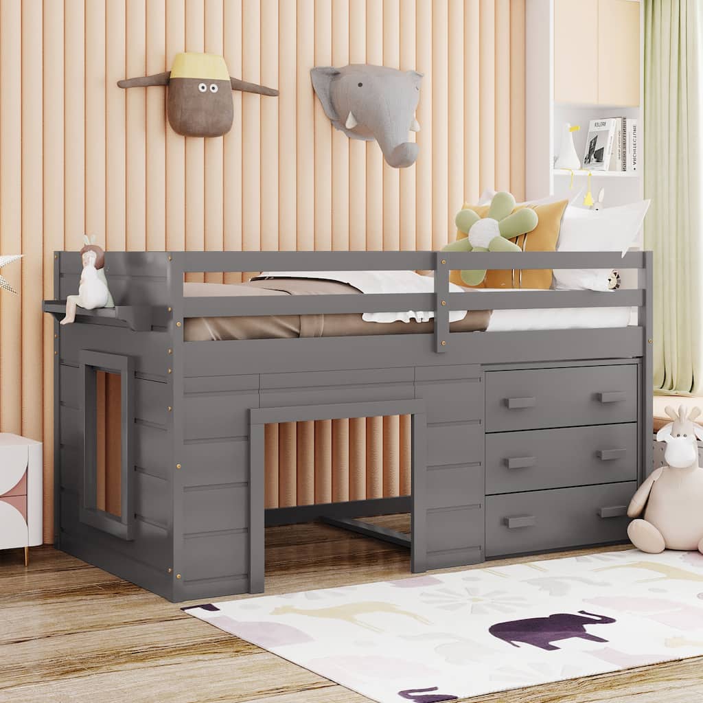 Compact Twin Loft Bed with Storage Cabinet and Shelf in Gray