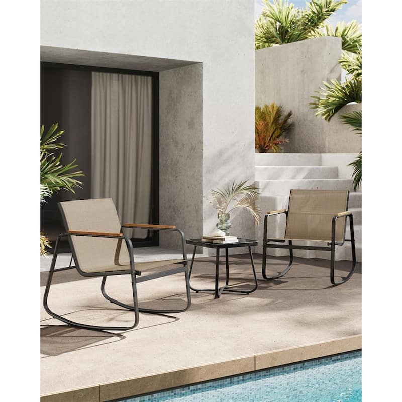 3-Piece Outdoor Breathable Fabric Rocking Chair Set with Side Table and Steel Frame Anti-Slip Feet - 17.3"D x 17.3"W x 16.8"H
